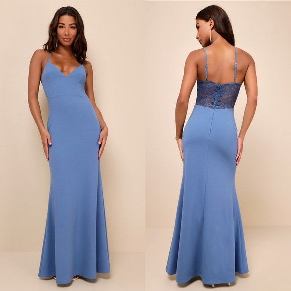 Lulus Refined Poise Slate Blue Sheer Lace Sleeveless Maxi Dress size Large NWT - Picture 1 of 11